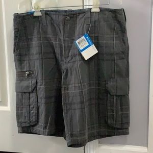 Men’s Columbia Cargo shorts.Gray plaid, size 38 W, 12” inseam modern classic fit
